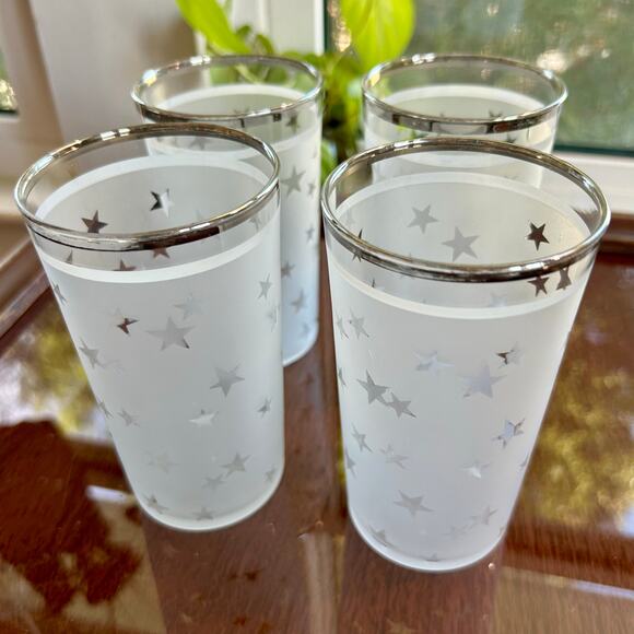 Vintage Frosted Star Glasses Silver Rim Set of 4 Mid-Century Modern - Picture 1 of 11